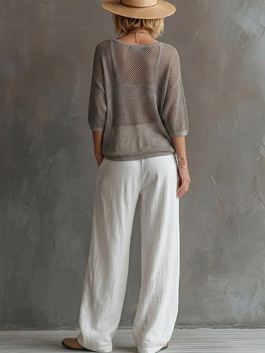 Women's U-neck 3/4-sleeve Cutout Top And Pants Two-piece Set