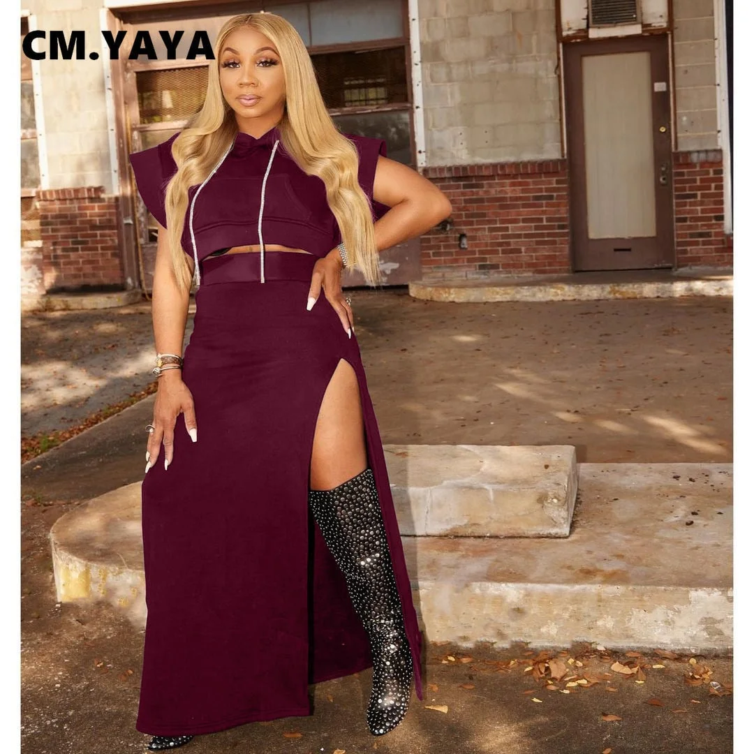 CM.YAYA Street Basic Women's Dress Set Flare Sleeve Hooded Tops and High Side Maxi Skirts Suit Matching Two 2 Piece Set Outfits