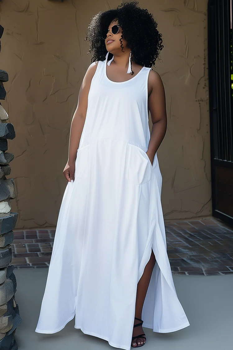 Xpluswear Design Plus Size Magenta Round Neck Sleeveless Sundress With Pocket Split Maxi Dress
