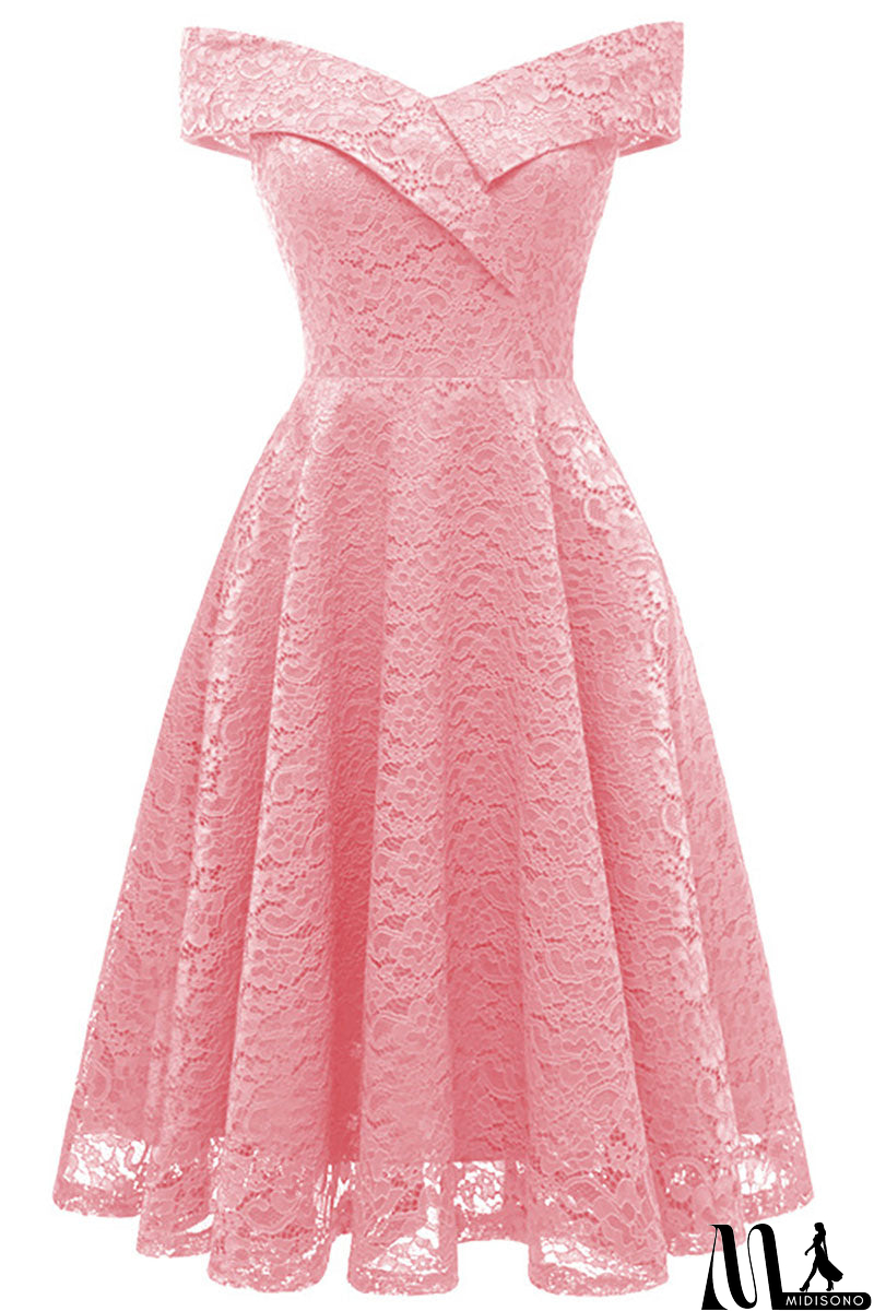 MidiSono - Purple Off-the-shoulder Lace Midi Prom Dress