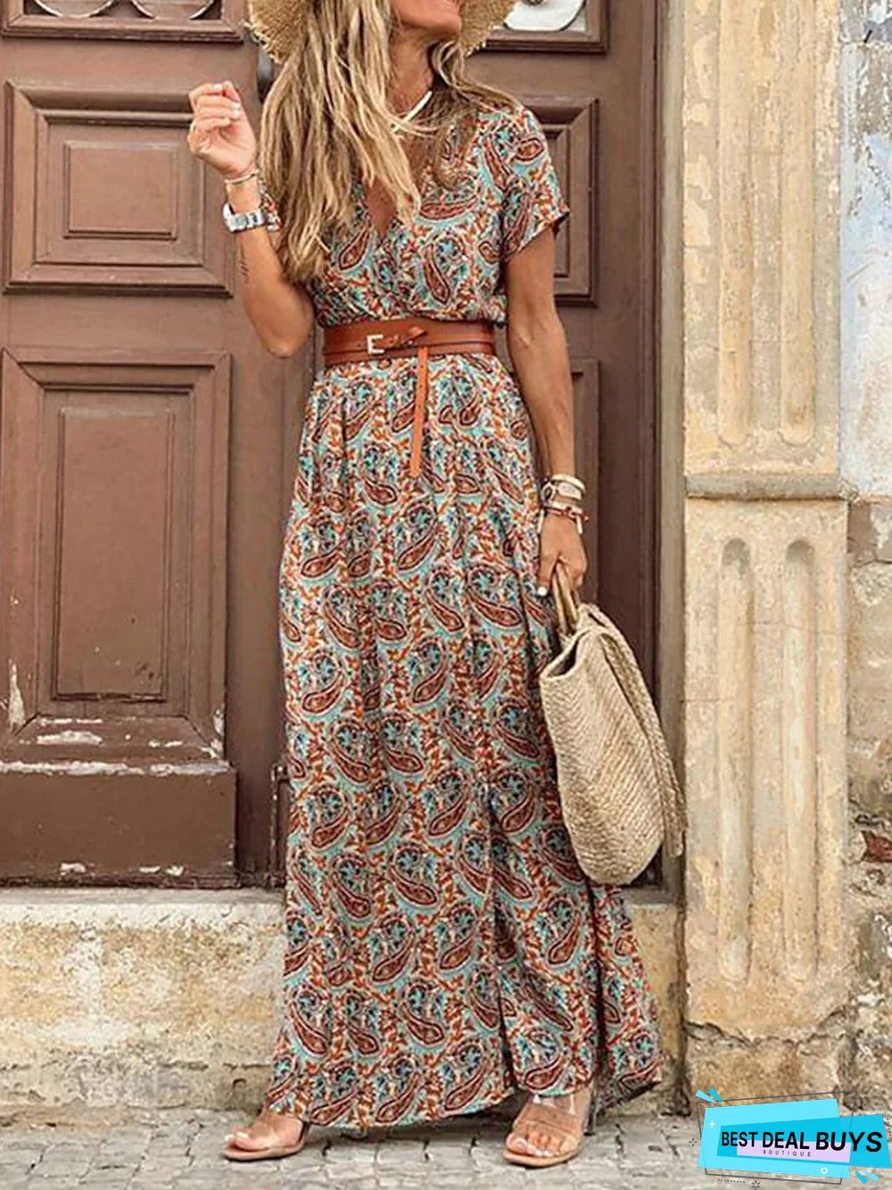 Women's Swing Dress Maxi Long Dress Red Brown Short Sleeve Print Split Ruffle Button Spring Summer V Neck Vintage