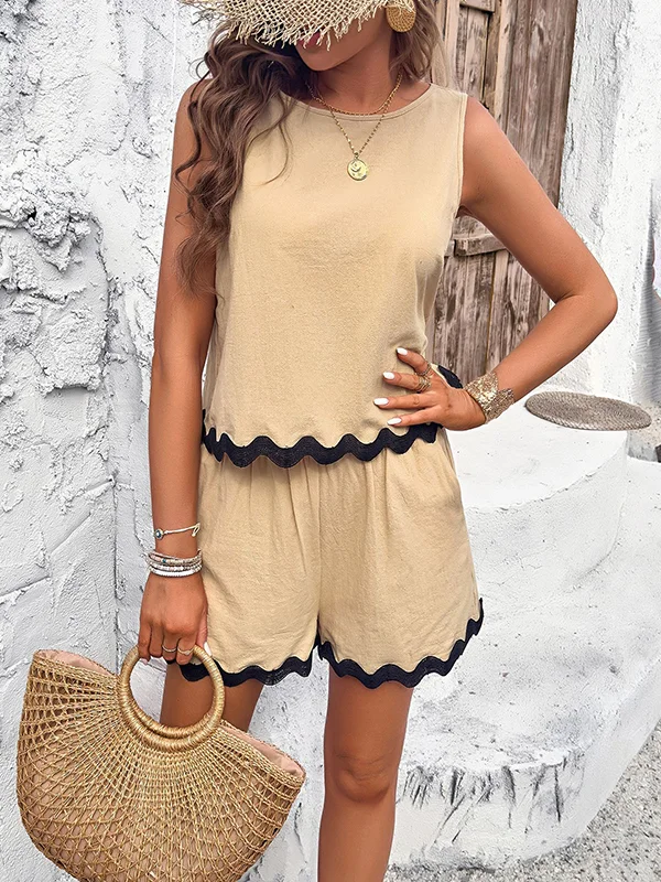 Loose Sleeveless Split-Joint Round-neck Vest + Wide Leg Shorts Two Pieces Set