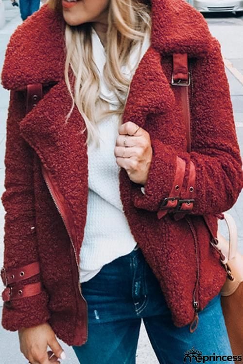 Buckle Fuzzy Zipper Coat