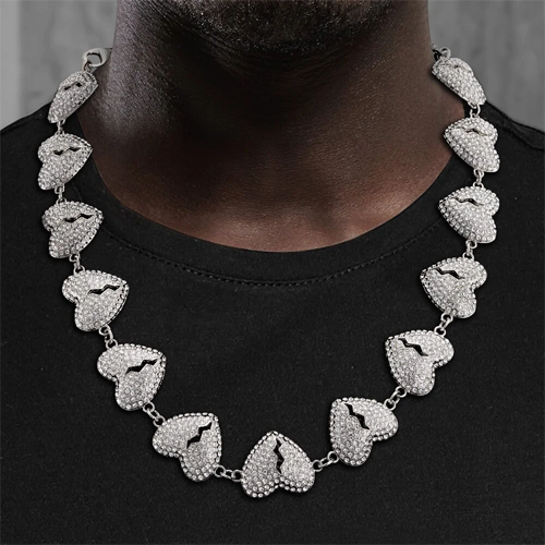 Cuban Link Chain Iced Broken Heart Necklace with White Gold
