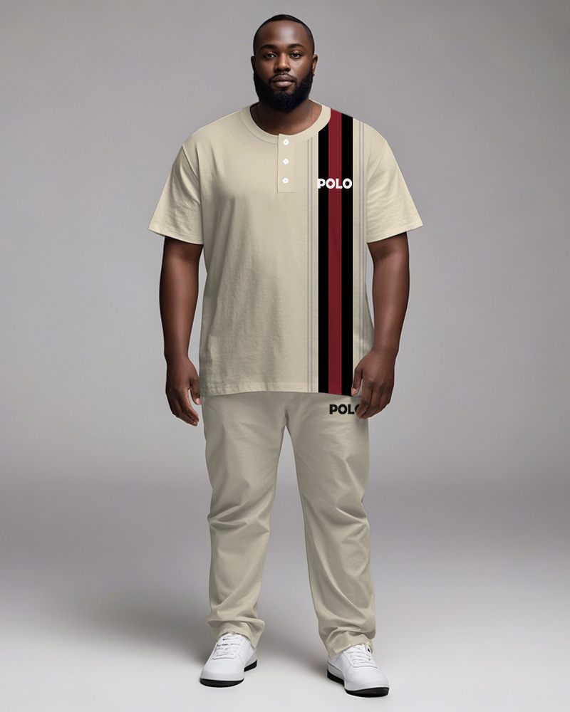 Men's Plus Size Apricot Colorblock Striped Alphabet Print Henley Collar T-Shirt Trousers Suit