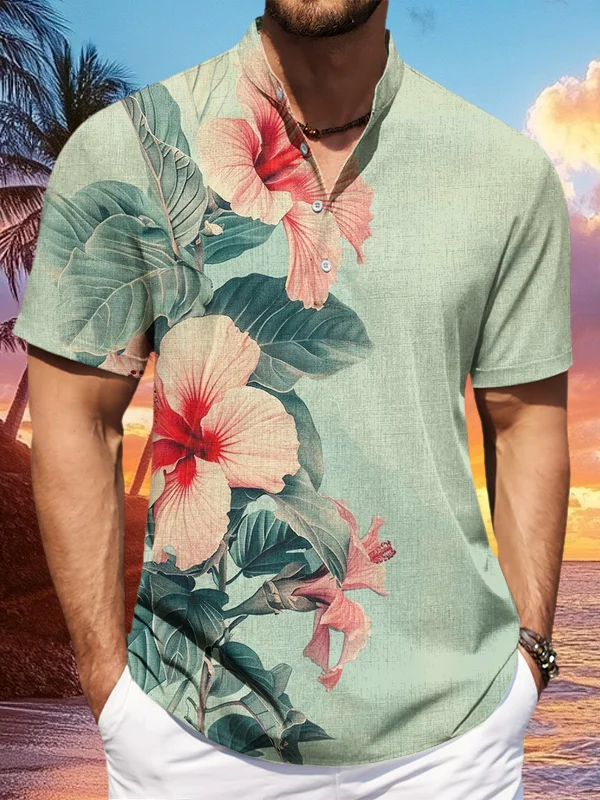 Men's Tropical Flowers Holiday Art Print Half Button Shirt