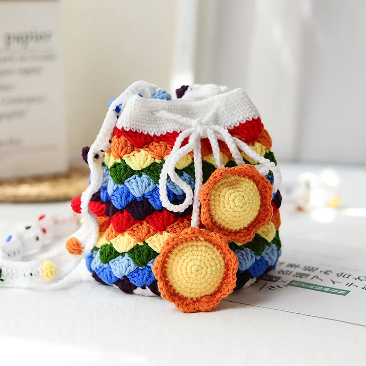 Lulusnow Handmade Rainbow Summer Rainbow-colored Bucket Bag Sunflower Crochet Bag