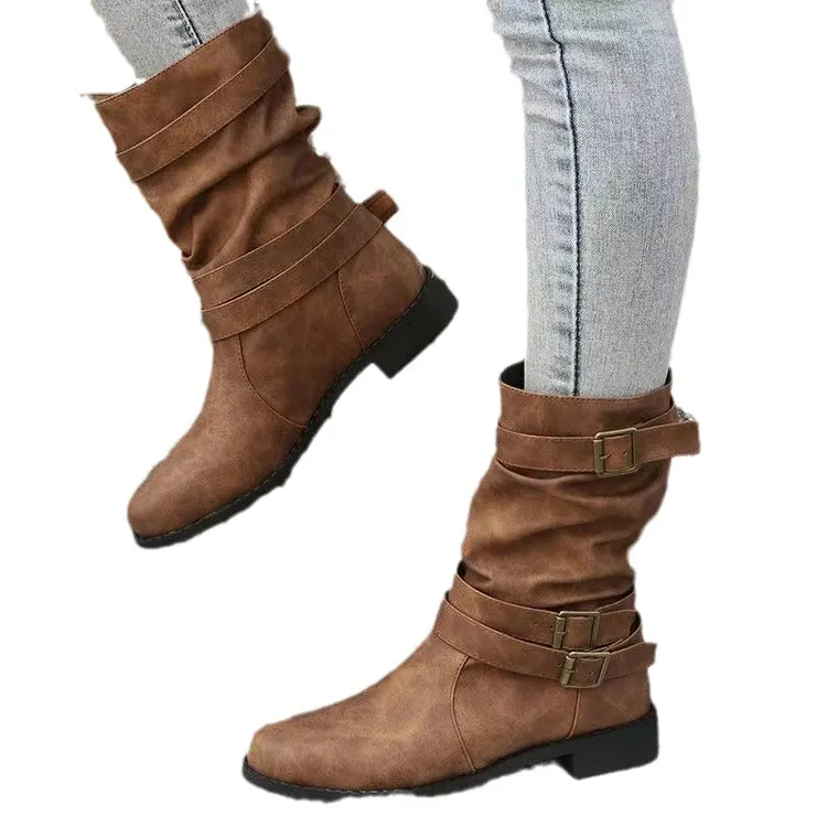 Breakj Breakj Autumn And Winter Martin Boots Belt Buckle Large Size Cylinder Cylindrical Women's Leather Boots