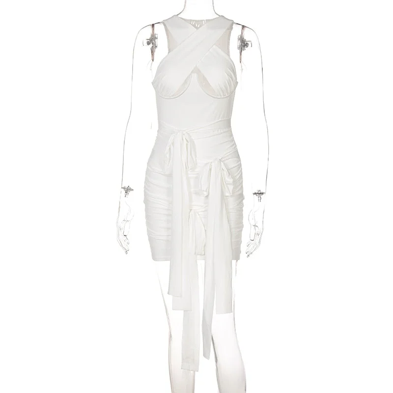 Hugcitar Sleeveless Bodycon Halter Drawstring Hollow Out Pleated Mini Dress 2021 Fall Winter Women Outfit Y2K Slim Streetwear