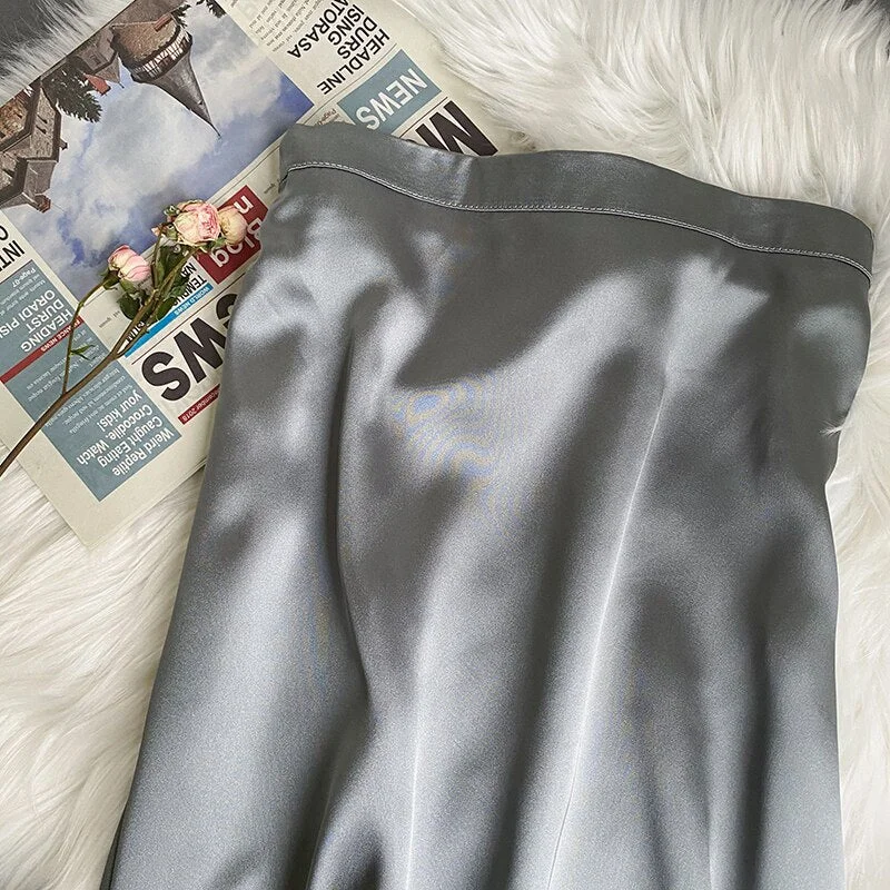 Lizkova Summer Satin Skirt Women High Waist Shiny Elegant Jupe 2021 Female Knee-lenth Casual Skirt BS001