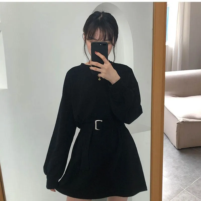 Long Sleeve Dress Women Large Size 4XL Black Harajuku BF Korean Style Sashes Womens All-match Chic Simple Student Streetwear New
