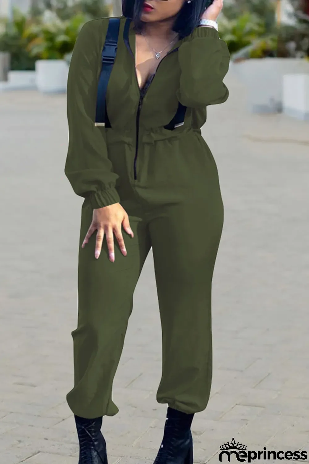 Apricot Fashion Polyester Solid Zipper Collar Jumpsuits