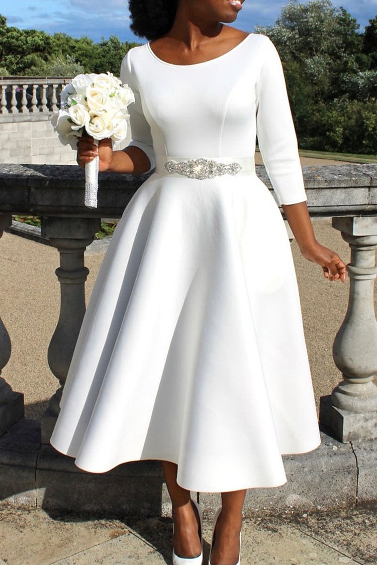 Xpluswear Plus Size White Formal Elegant Pleated A-Line Midi Dress (Without Belt) [Pre-Order]