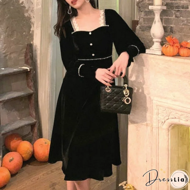 Back to College Winter Vintage Black Velvet Dress Women Casual Elegant Long Sleeve Gothic Party Midi Dress Female One-piece Dress Korean