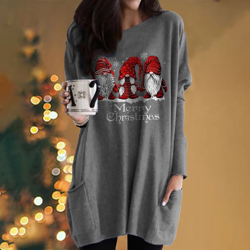 Christmas Gnomes Print Simple Design Casual Long T-shirt