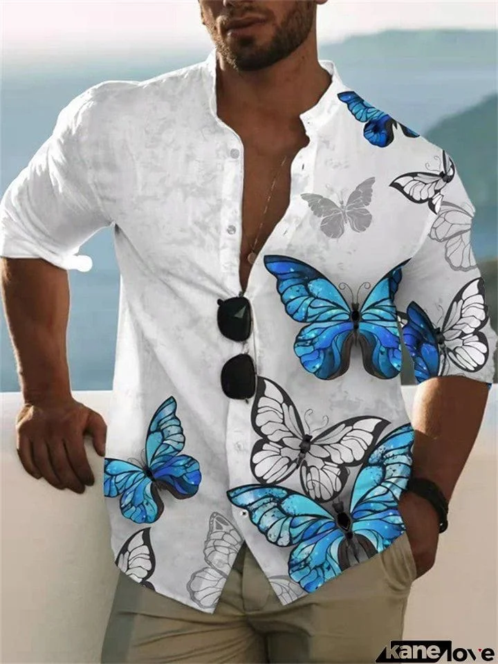 Male Comfy Stand Collar Butterfly Flower Printed Shirt