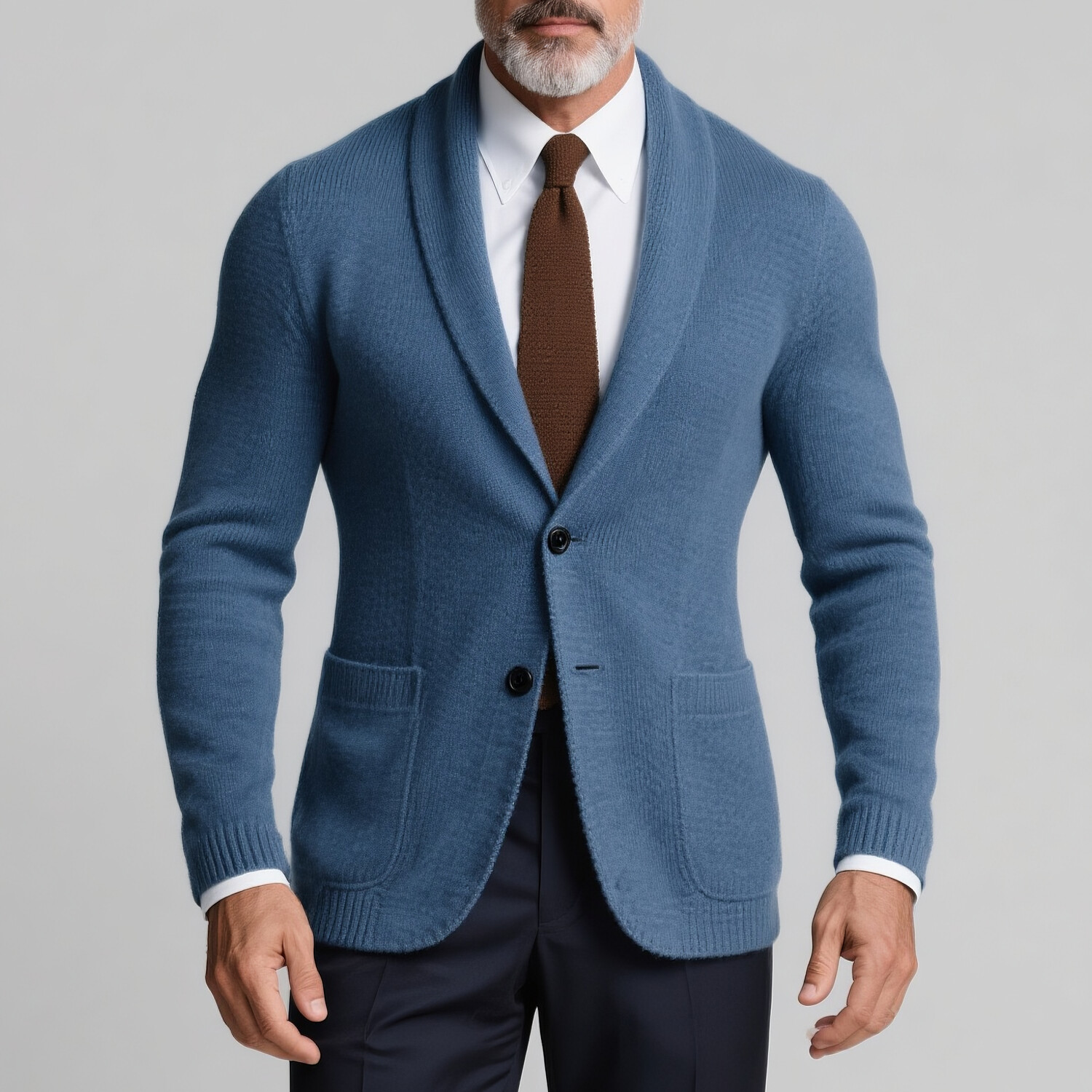 Men's Shawl Lapel Two Button Patch Pocket Long Sleeve Knitted Cardigan