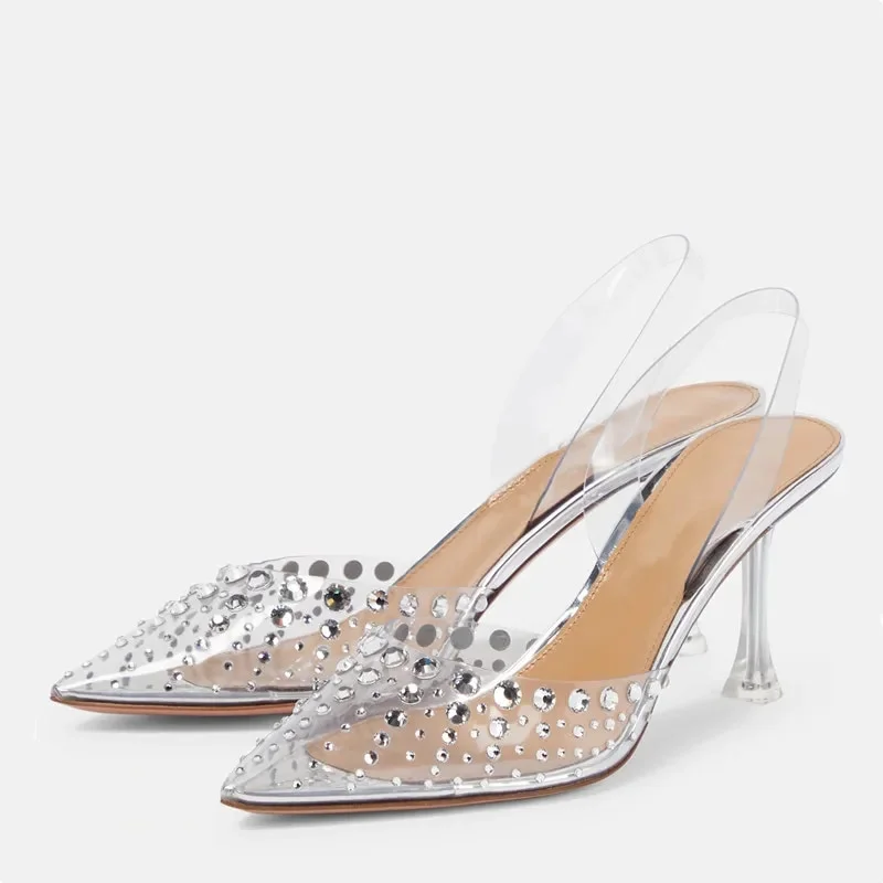 Cartoonh Bling Rhinestones Transparent PVC Women Pumps Fashion Summer Slingbacks Clear Crystal High heels Female Wedding Prom Shoes