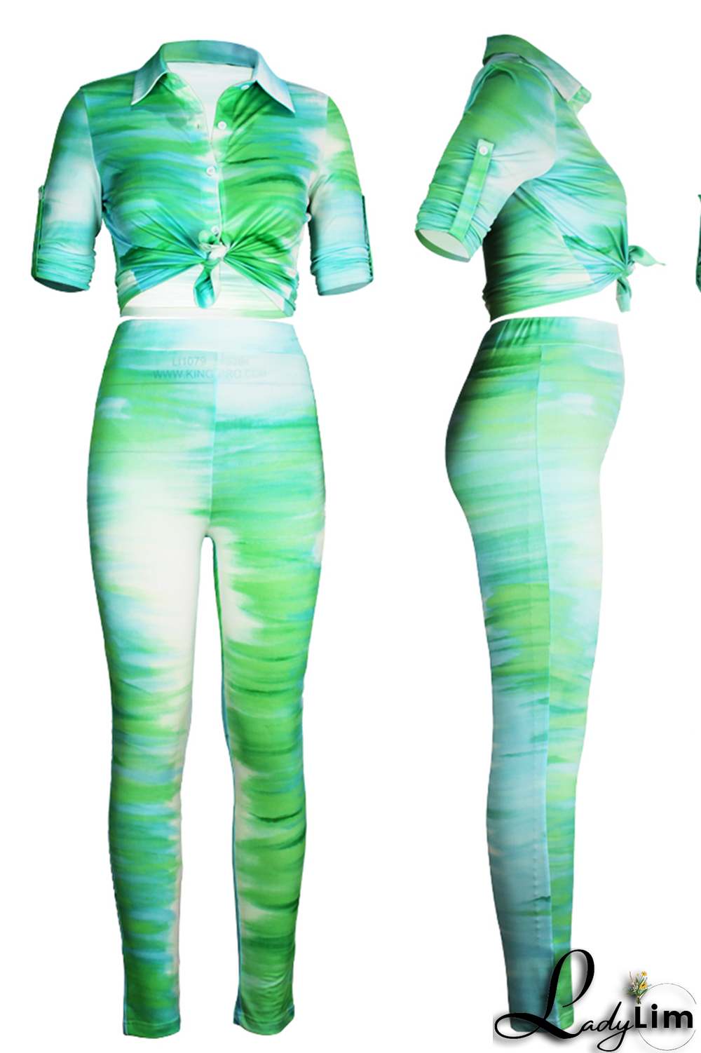 Yellow Sexy Patchwork Tie-dye Turndown Collar Long Sleeve Two Pieces