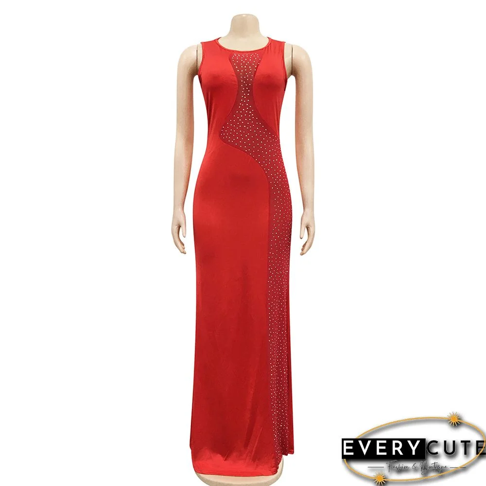 Red Rhinestones Mesh Sleeveless Maxi Dress