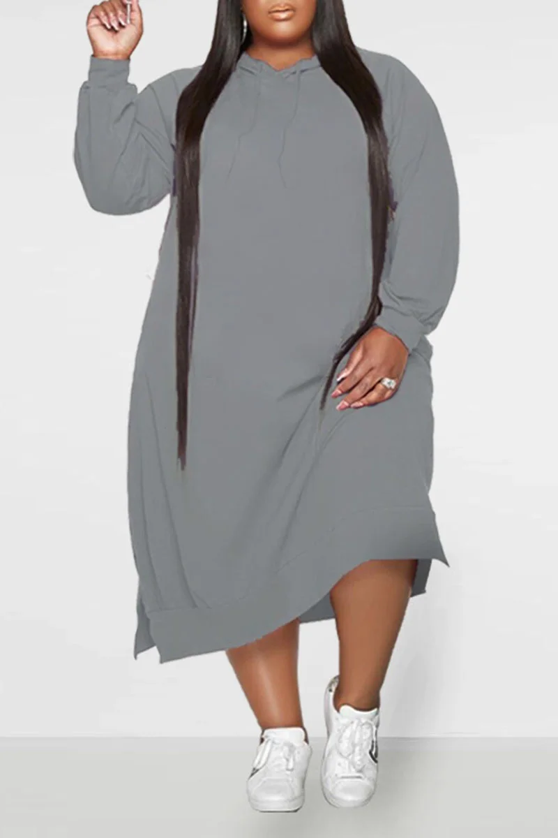 Grey Casual Solid Patchwork Hooded Collar Straight Plus Size Dresses | EGEMISS