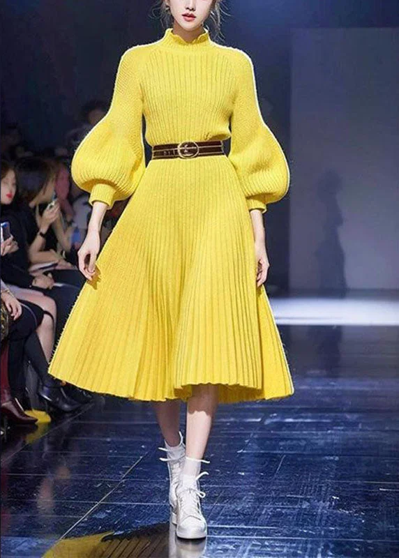 Cute Yellow Tunic Cotton Knit Sweater Dress Lantern Sleeve