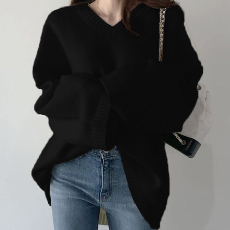 New 2021 Autumn Winter Women's Sweaters Pullover V-Neck Oversize Elegant Minimalist Korean Knitted Lady Jumper SW1186