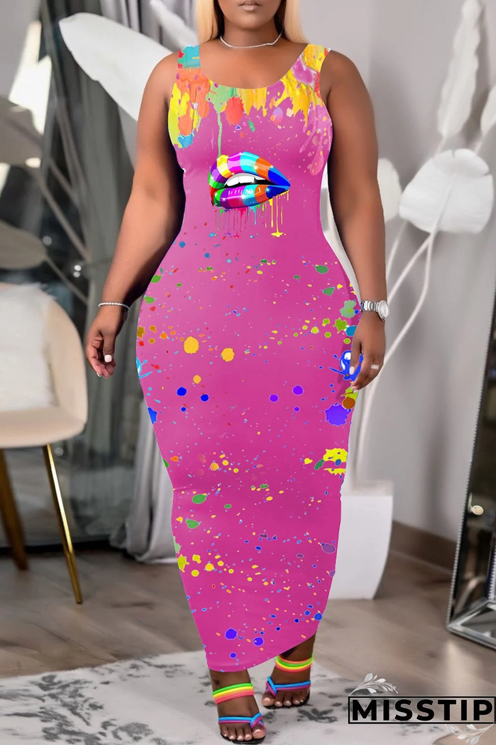 Pink Fashion Casual Print U Neck Vests Long Dress