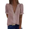 Women's Shirt Pure Color Jacquard V-neck Short Sleeves