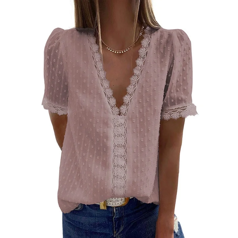 Women's Shirt Pure Color Jacquard V-neck Short Sleeves