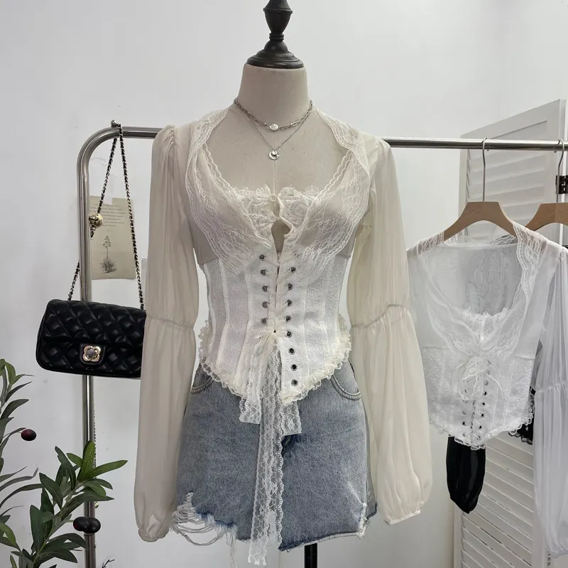 Uveng French Court Wind Strapped With Waist Fish Bone Shirt Lace Shirt Back Waist To Take Short Top 8803