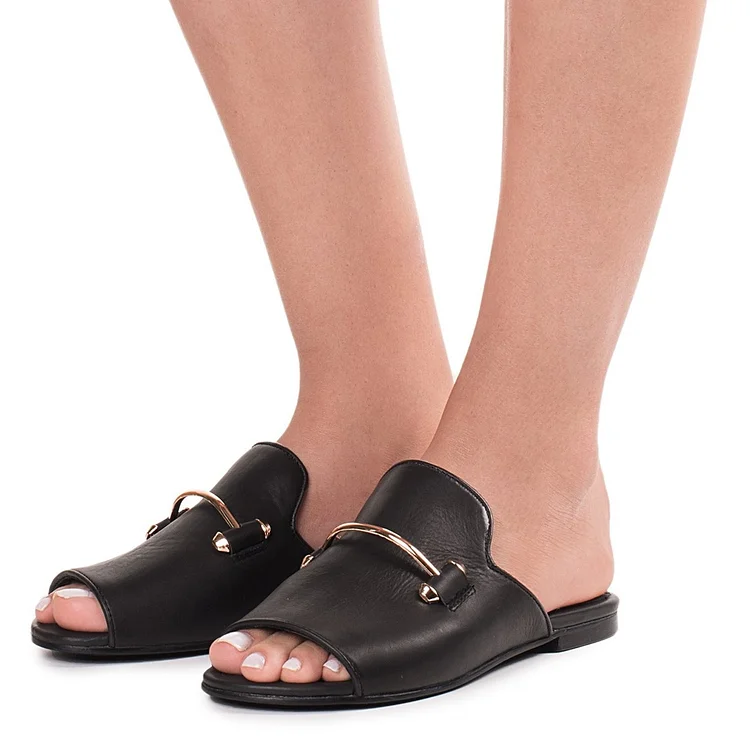 Black Women's Slide Sandals Metal Open Toe Flats |FSJ Shoes