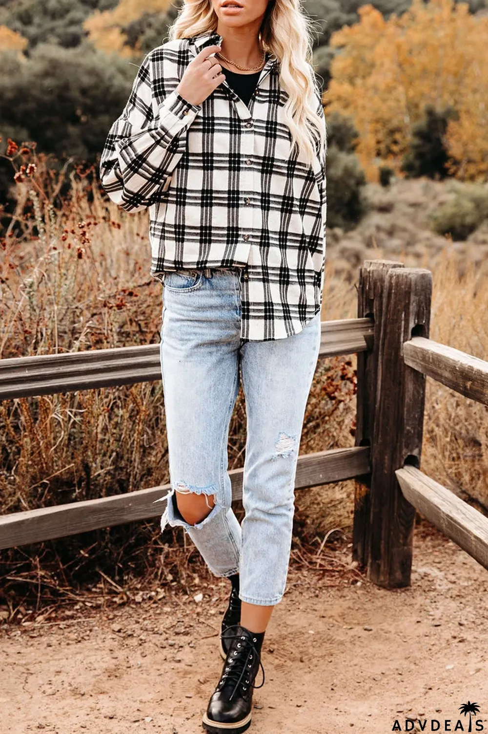 Lapel Plaid Long Sleeve Shirt Coat