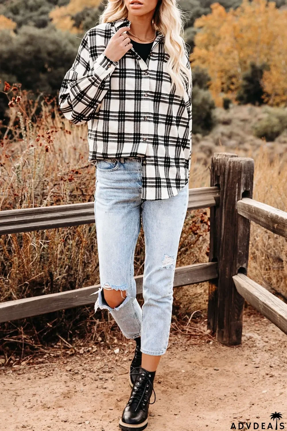 Lapel Plaid Long Sleeve Shirt Coat