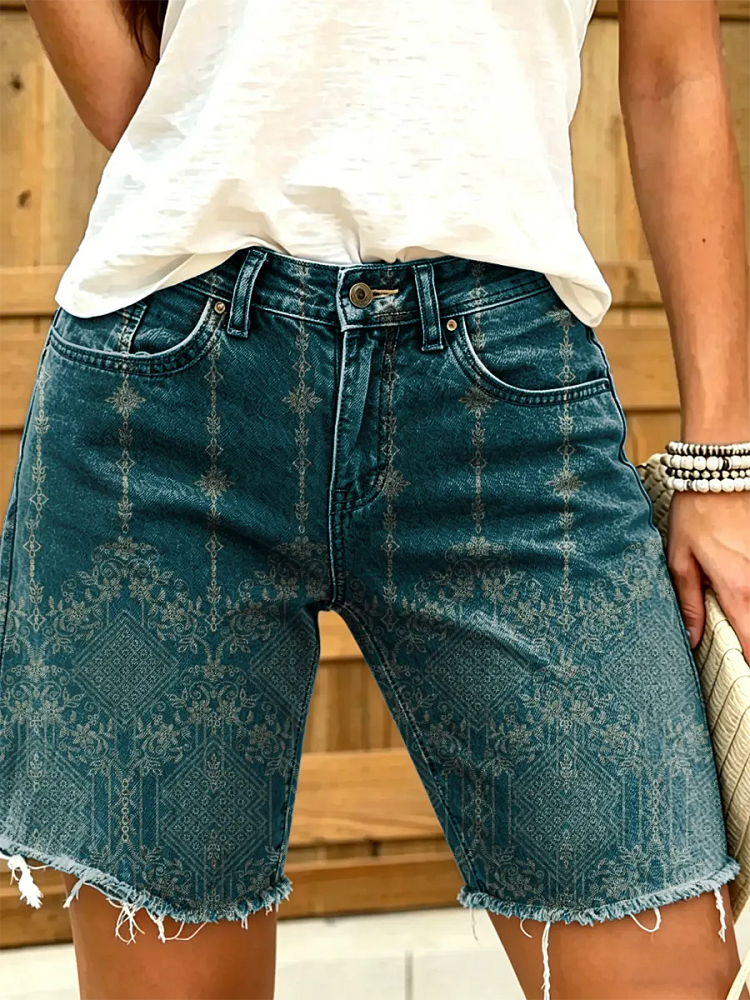 Women's Vintage Floral Print Denim Shorts