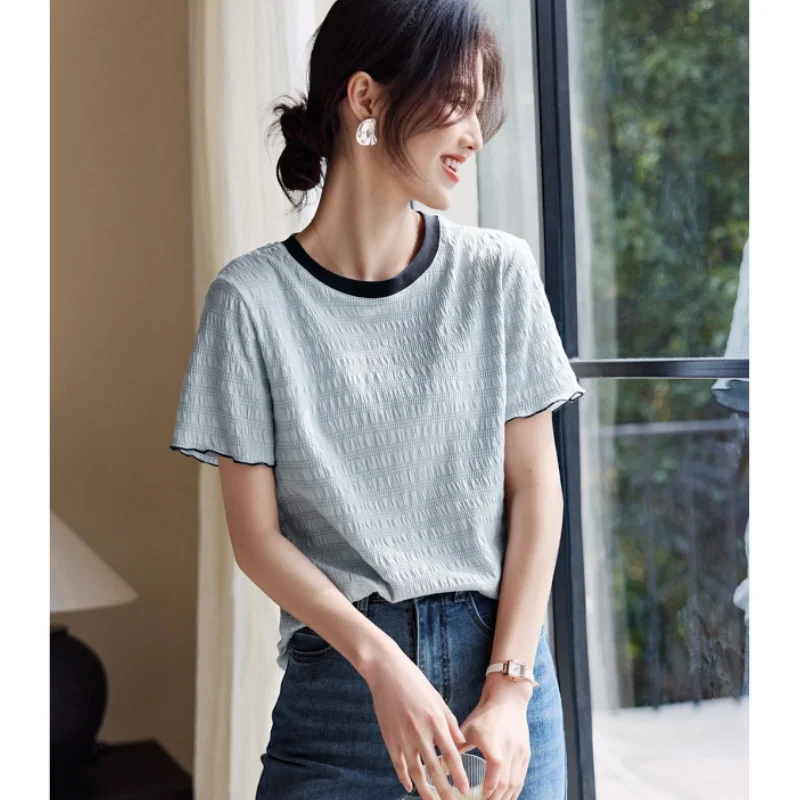 Athvotar Athvotar Collage Texture Of Wood Ear By The Short-Sleeved T-Shirt Women's Summer Splicing Color Design Design Slim Slim Top