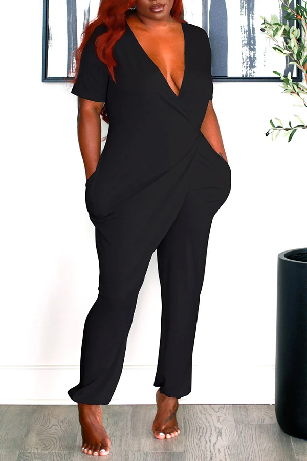 Solid Color Deep V-neck Jumpsuit