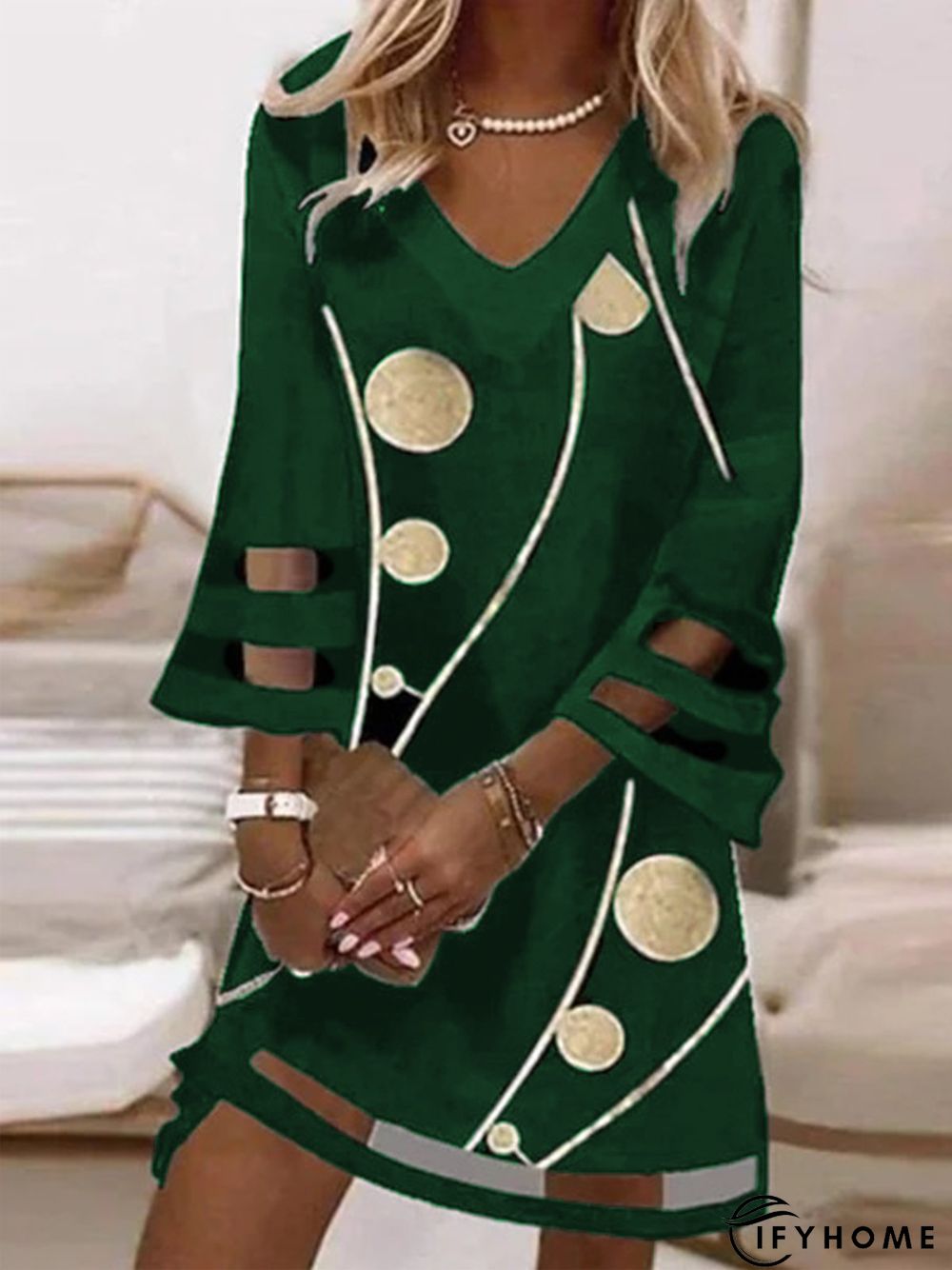 Casual Geometric V neck Three Quarter Loose Dress | IFYHOME