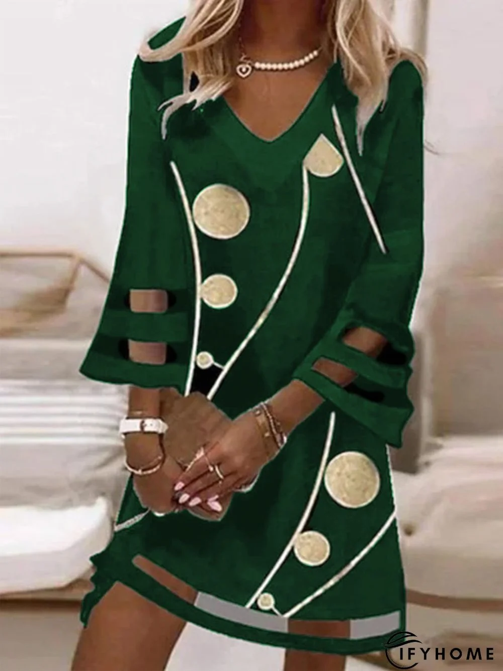 Casual Geometric V neck Three Quarter Loose Dress | IFYHOME