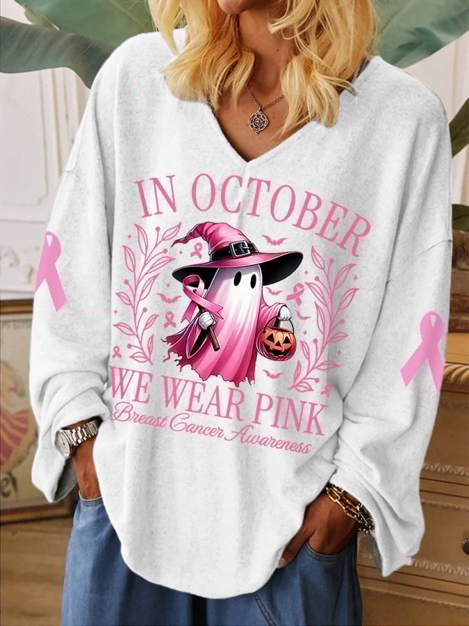 Women's In October We Wear Pink Halloween Ghost Breast Cancer Awareness Warrior V-Neck Top