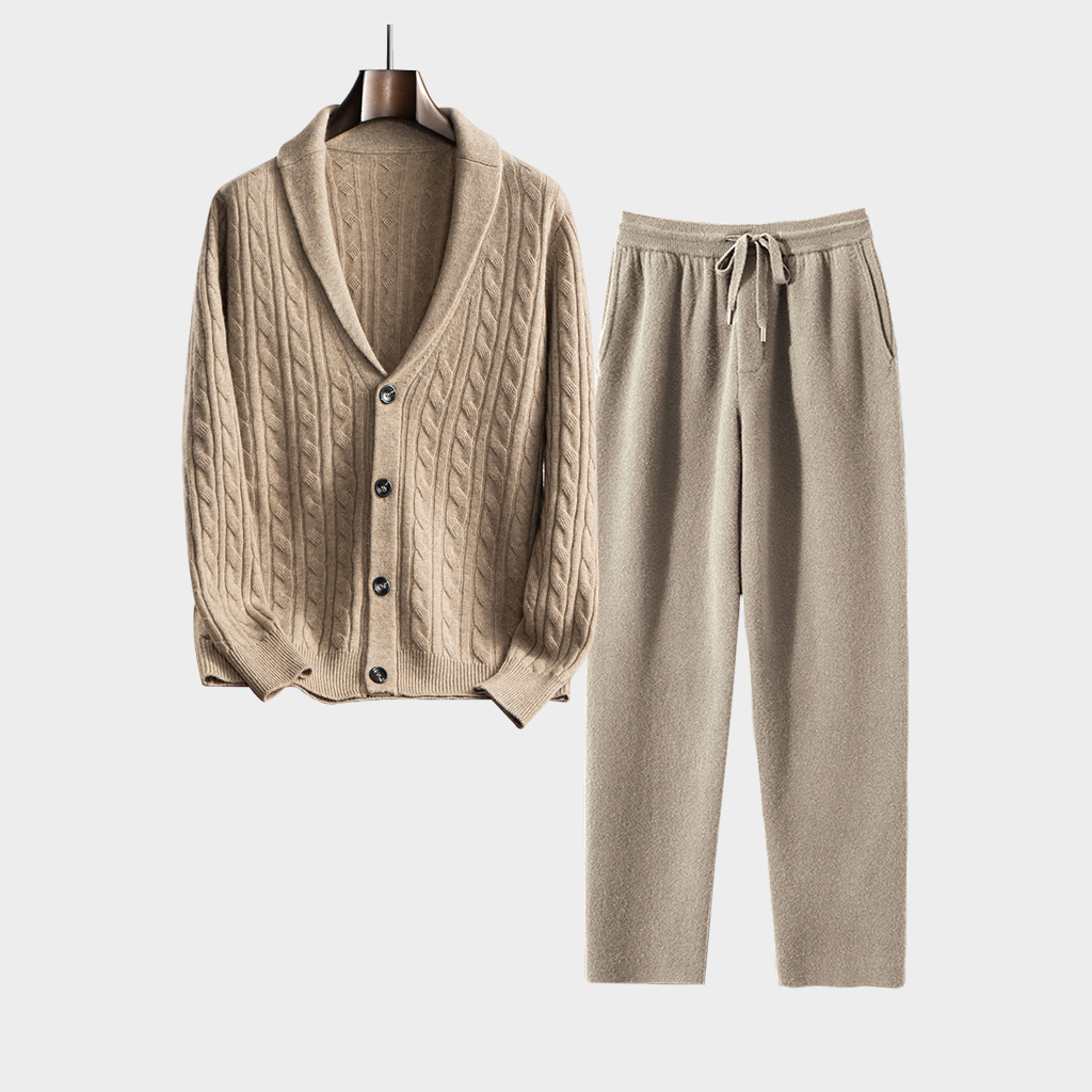 Men's Camel Cable Knit Shawl Collar Cashmere Cardigan and Pants Set | Modern Minimalist REAL SILK LIFE