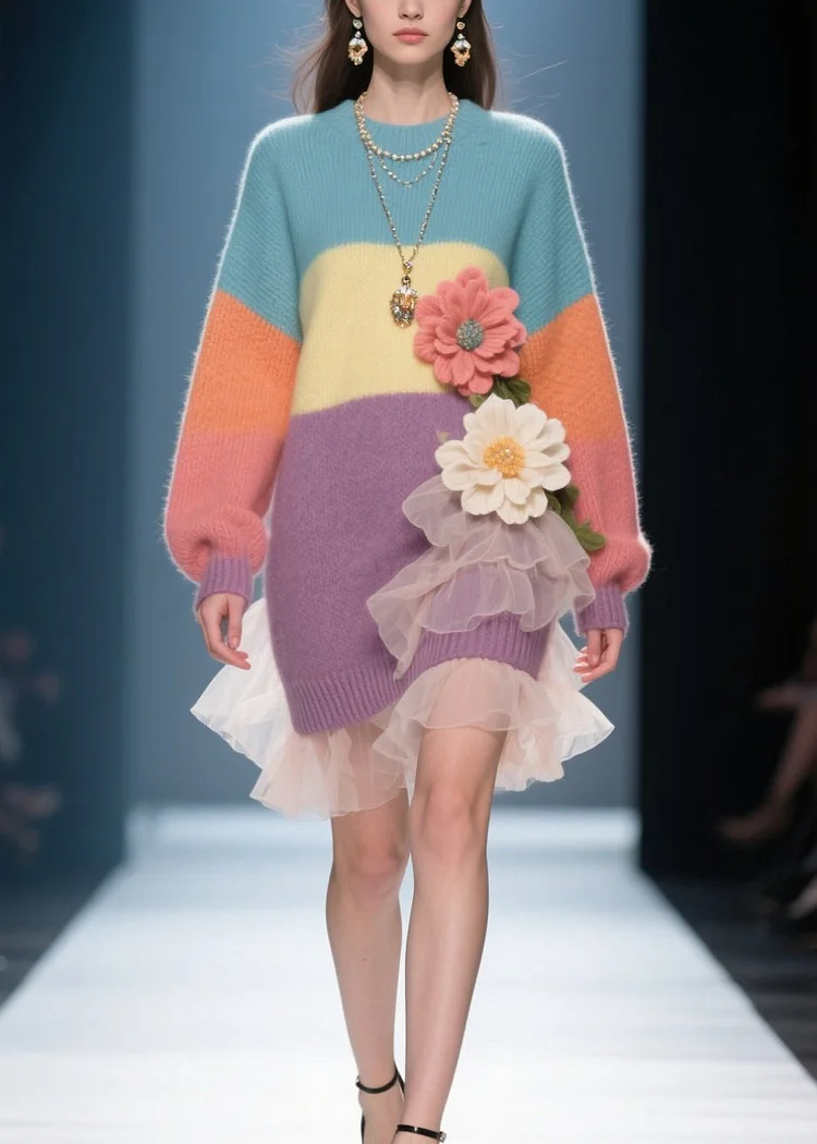 French Colorblock O Neck Floral Tulle Knit Sweater Dress Winter