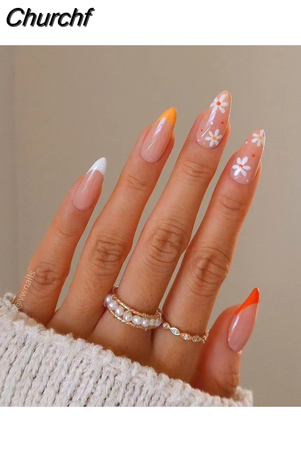 Churchf Almond False Nails Press On Nails Detachable Fake Nail Tip gold heart with Design Manicure Patches Press On Nails-Nail Inspo