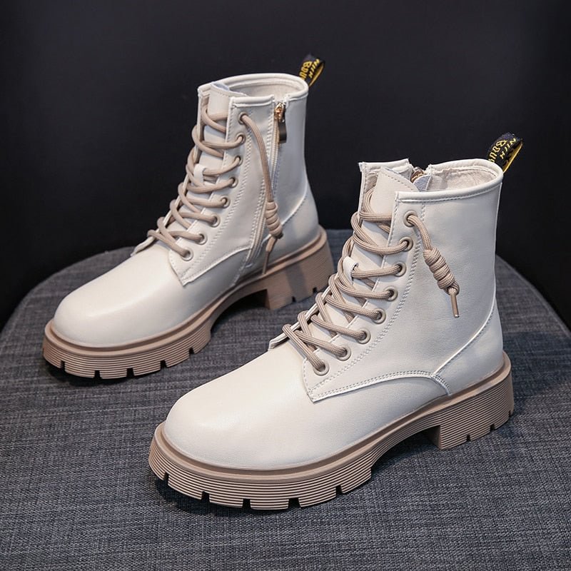 Beige Combat Boots For Women Platform Motorcycle Boots 2021 New Fashion Lace Up PU Leather Short Ankle Boots Female Designer