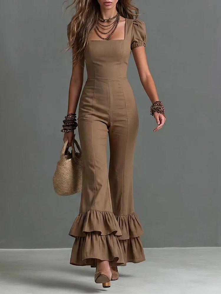 Boho Square Neck Puff Sleeve Ruffle Hem Jumpsuit