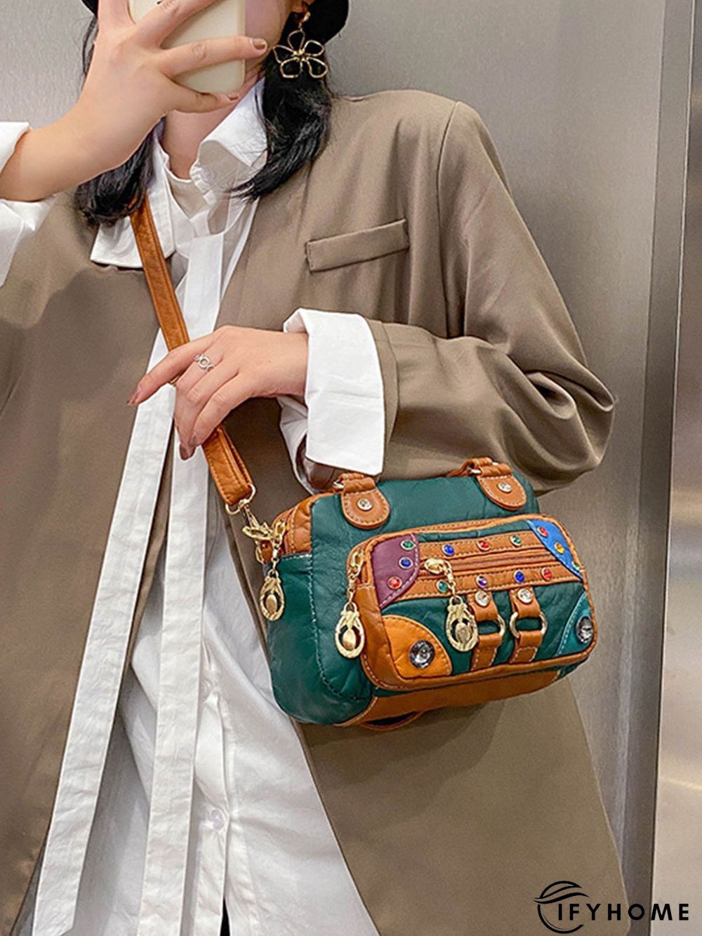 Retro Ethnic Style Mosaic Rhinestone Zipper Messenger Bag | IFYHOME