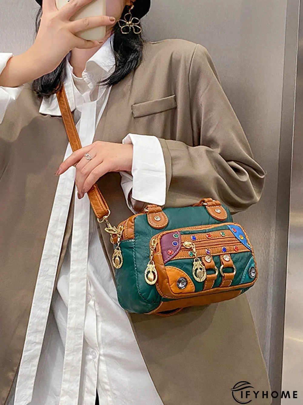 Retro Ethnic Style Mosaic Rhinestone Zipper Messenger Bag | IFYHOME