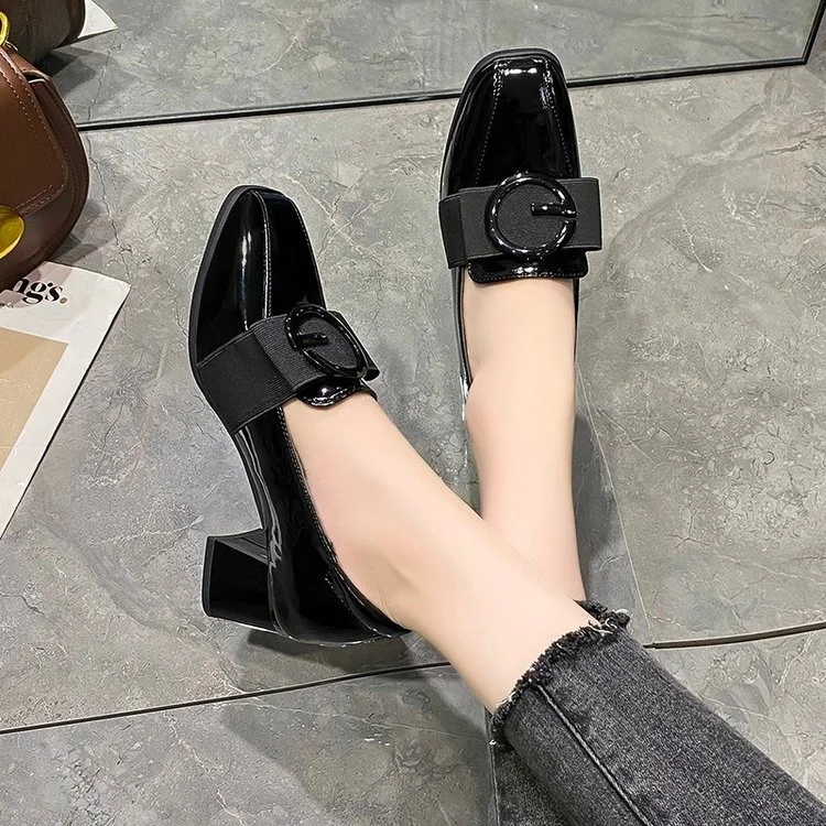 Wongn Wongn Women's Shoes Fashion Spell Color Square Head Patent Leather Small Leather Shoes Thick Heel Single Shoe Middle Heel Women's Shoes Work Shoes