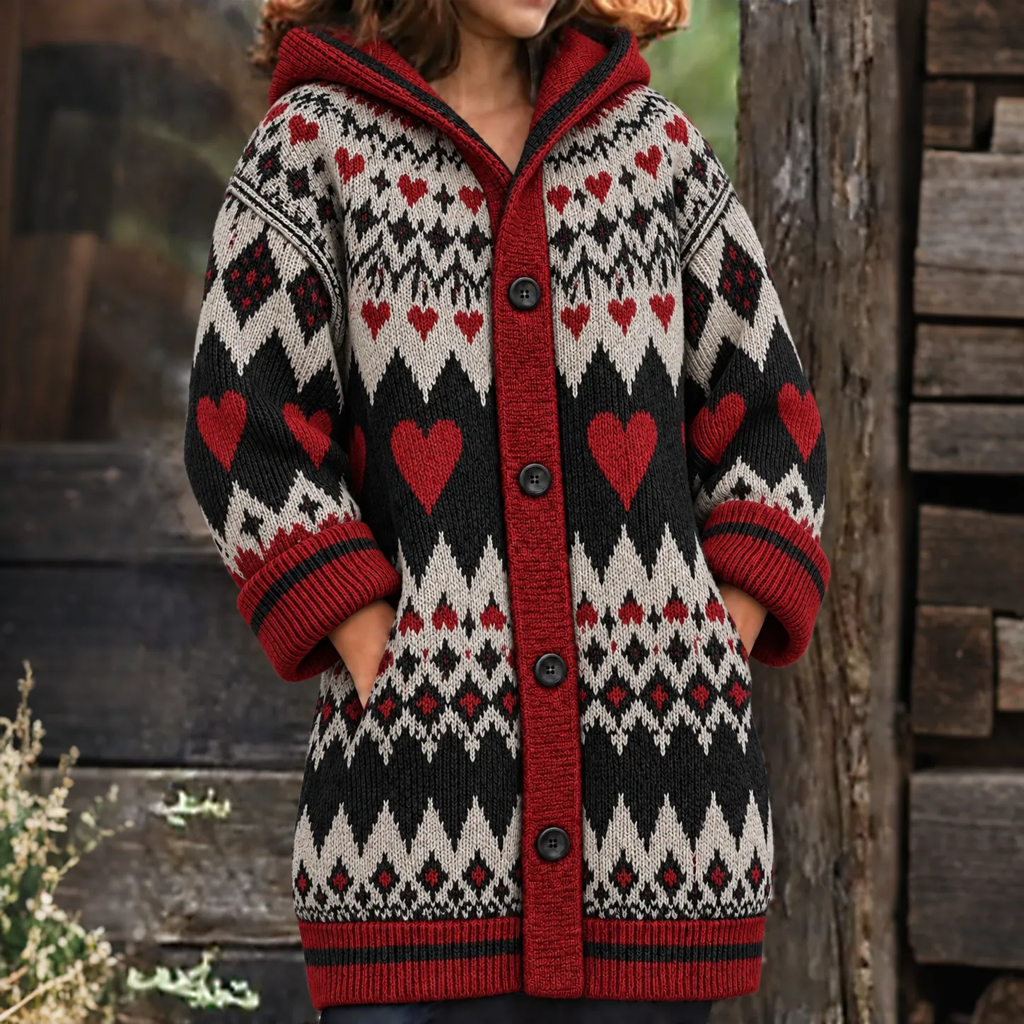 Comstylish Women's Retro Color Block Heart Jacquard Thermal Hooded Cardigan