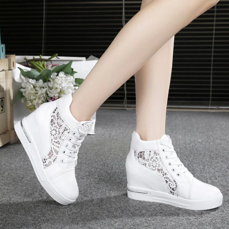 Women Wedge Platform Sneakers Rubber Brogue Leather High heels Lace Up Shoes Pointed Toe Height Increasing Creepers White Silver